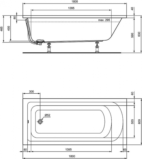 Acryl Badewanne Ideal Standard Emil 180 x 80 Komplettset Multiplex Körperform