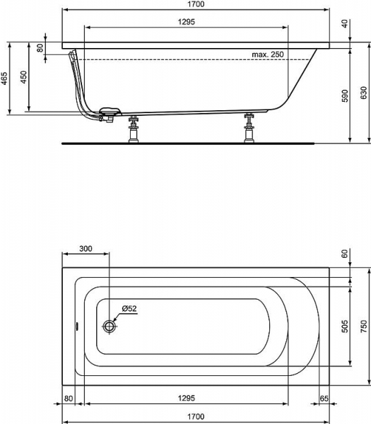 Acryl Badewanne Ideal Standard Emil 170 x 75 Komplettset Multiplex Körperform
