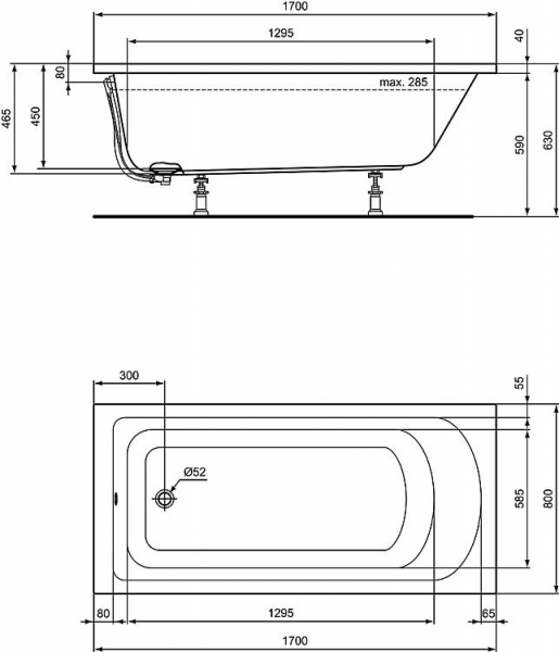 Acryl Badewanne Ideal Standard Emil 1700x 800mm Komplettset Multiplex Körperform