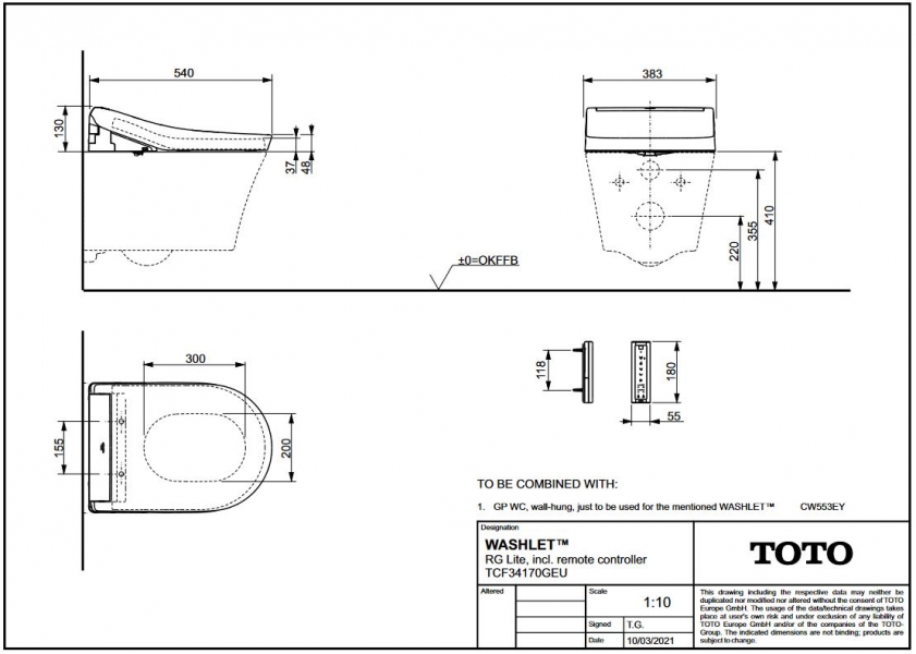 TOTO Dusch WC Washlet RG Lite Washlet WarmwasserduscheTCF34170 Fernbedienung