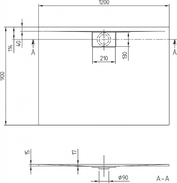 V&B Duschwanne Acryl Architectura MetalRim 120 x 90 x1,5 cm Ablauf Träger