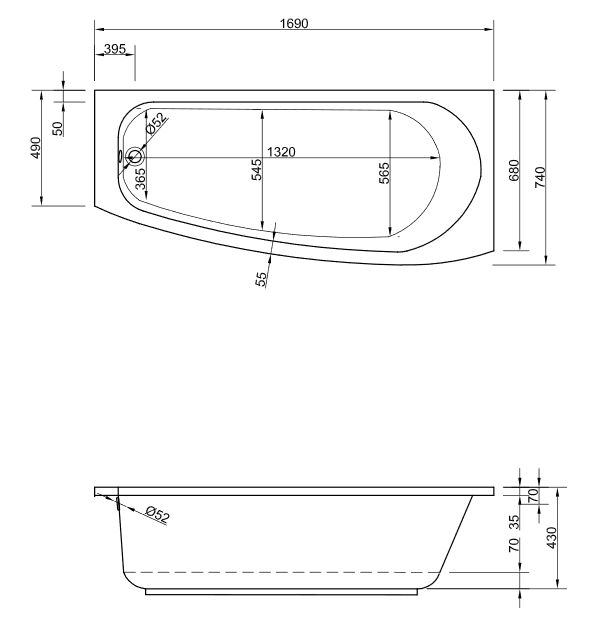 Acryl Raumsparwanne Isabela 169 x 74 cm rechts weiß Wanne Styropor Wannenträger