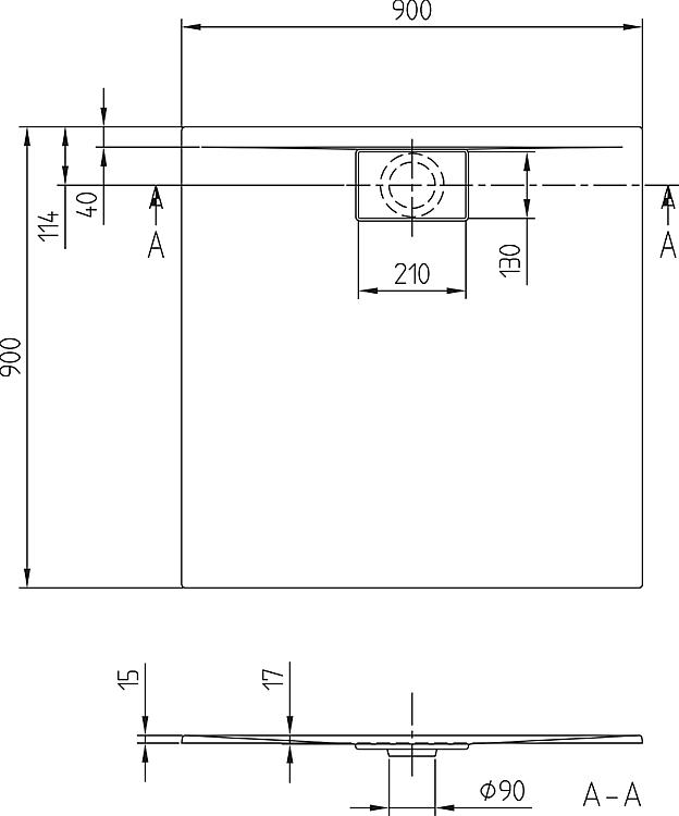 V&B Duschwanne Architectura MetalRim 90 x 90 x1,5 cm Ablauf Installations-Set