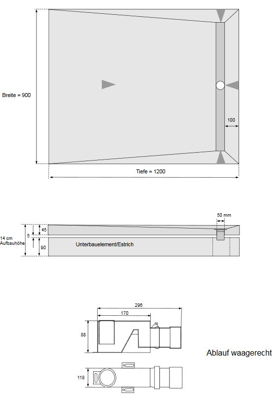 CS SDER Duschelement befliesbar - 120 x 90 cm mit Rinne / Ablauf