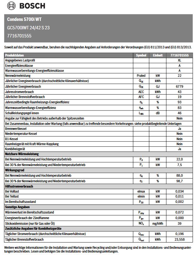 BOSCH Gasbrennwert Kombigerät Condens GC5700i WT 24/42 wandhängend