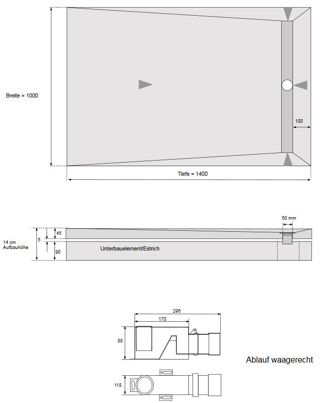 CS SDER Duschelement befliesbar - 140 x 100 cm mit Rinne / Ablauf