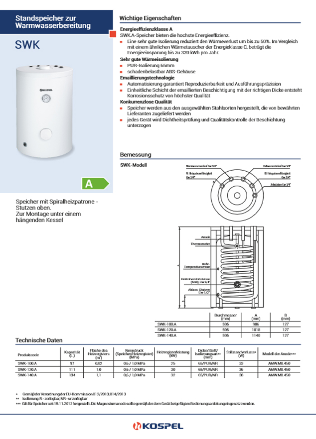 Kospel Unterstell Warmwasserspeicher SWK-100 emailliert mit einem Wärmetauscher