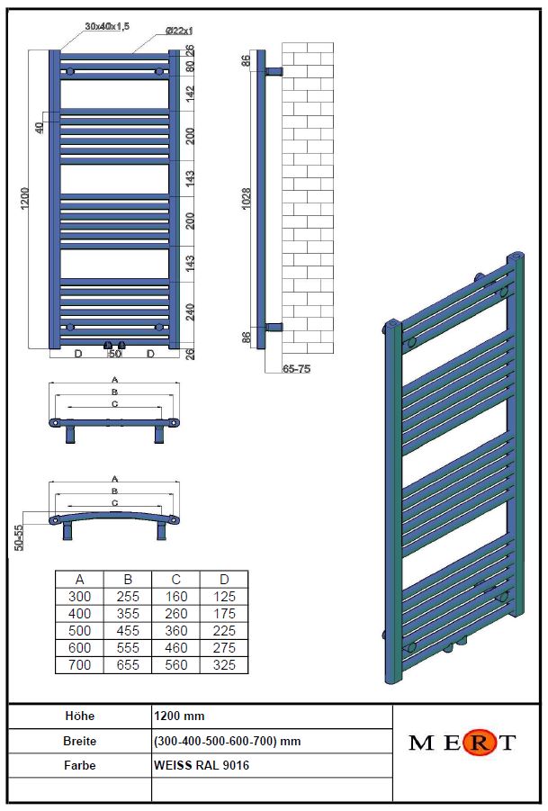 Badheizkörper Standard weiss 1-30x120-M