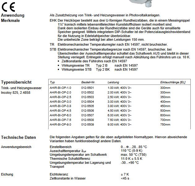Askoma Heizstab Typ AHIR-BI-OP 9,0 kW 400V stufenlos DN 40 für Ohmpilot