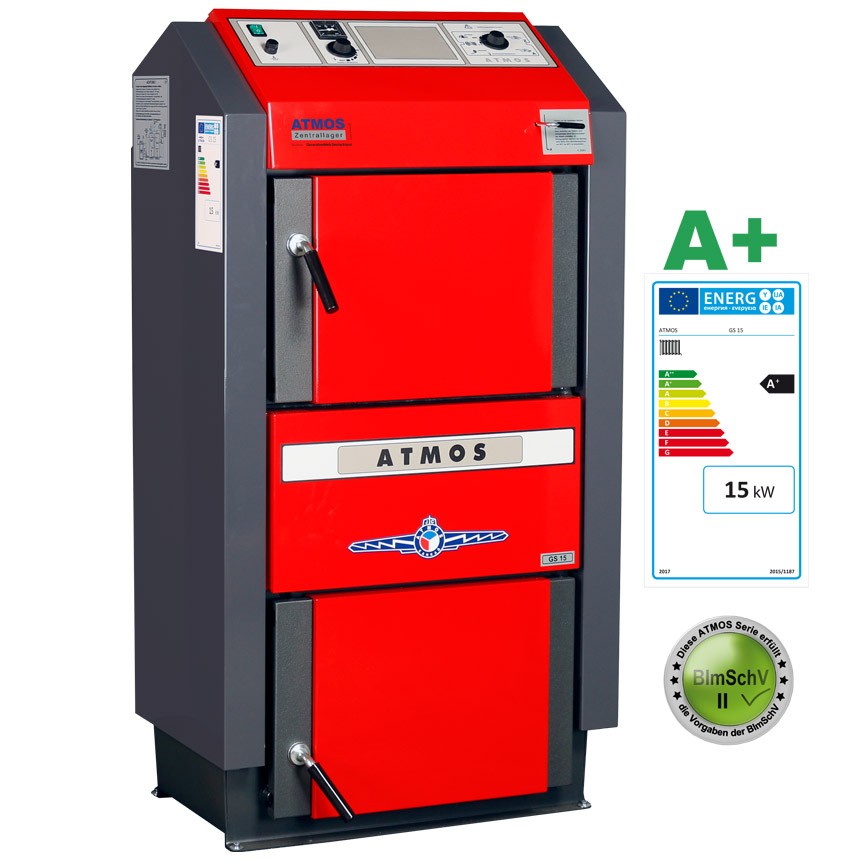 Atmos Holzvergaser GS15 Festbrennstoffkessel Scheitholzkessel 15 kW + Zubehör