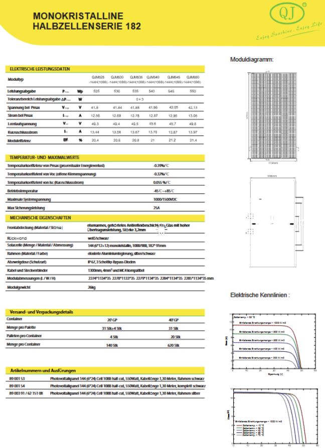 QJ PV Modul 550 W silber Glas-Folie Monokristallin Photovoltaik Modul Monofazial
