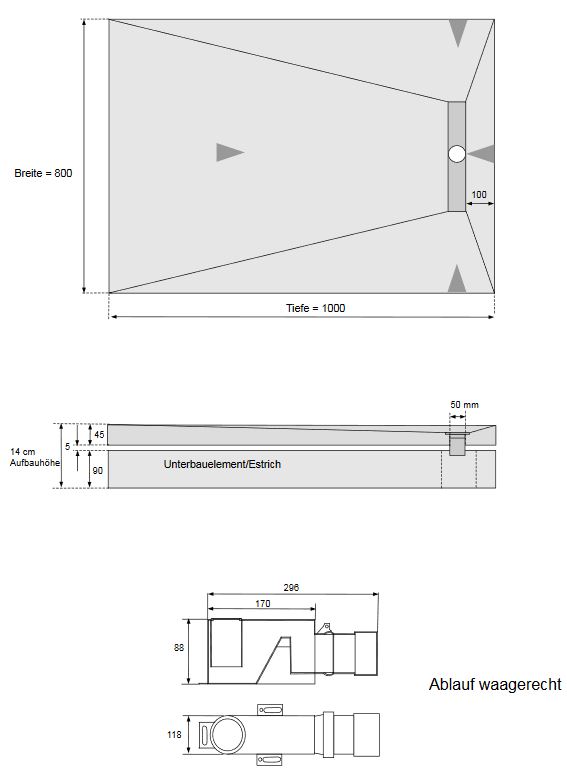 CS SDER Duschelement befliesbar - 100 x 80 cm mit Rinne / Ablauf