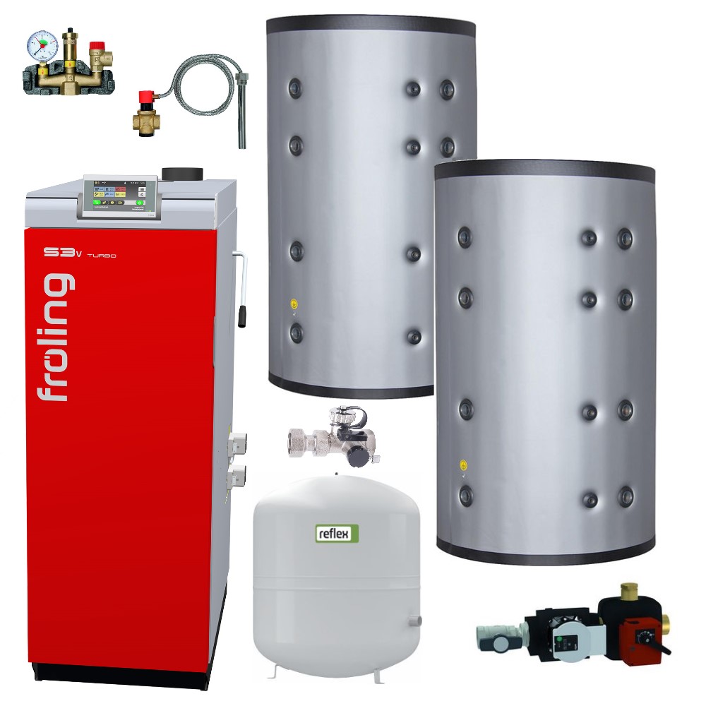 Paket Fröling Scheitholzkessel S3v Turbo 22 kW Pufferspeicher 2x 749 L Zubehör