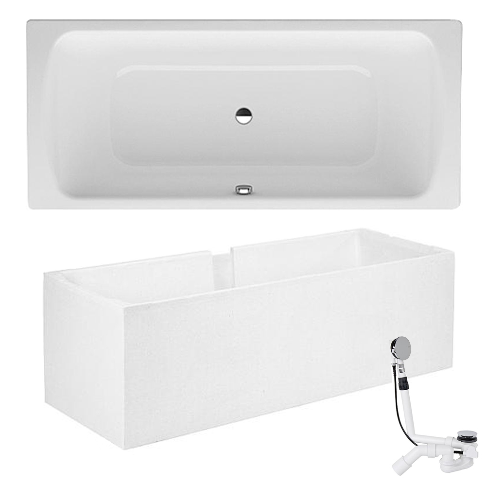 Stahl Badewanne Elunos 180 x 45 x 80 cm weiß Wannenträger Ab- Überlaufgarnitur