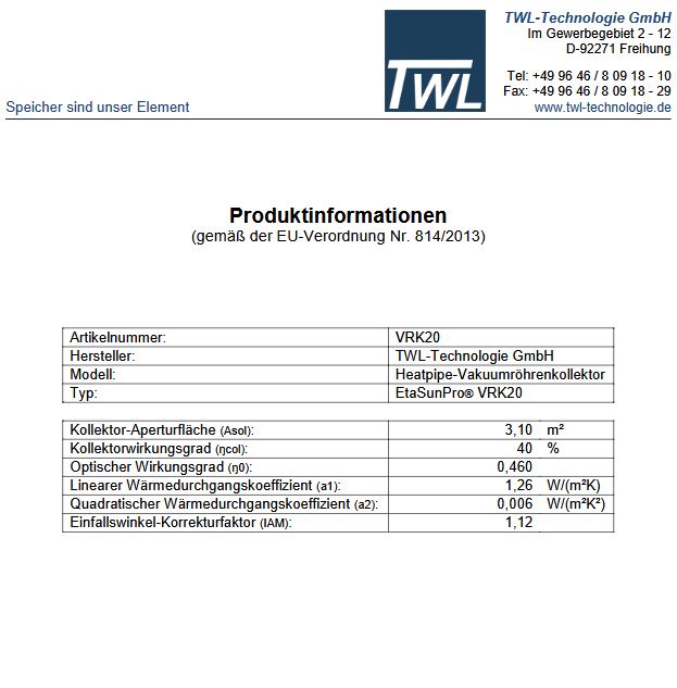 TWL Solaranlage EtaSunPro VRK20-4 Vakuumröhrenkollektorset 12,4 m² Zubehör