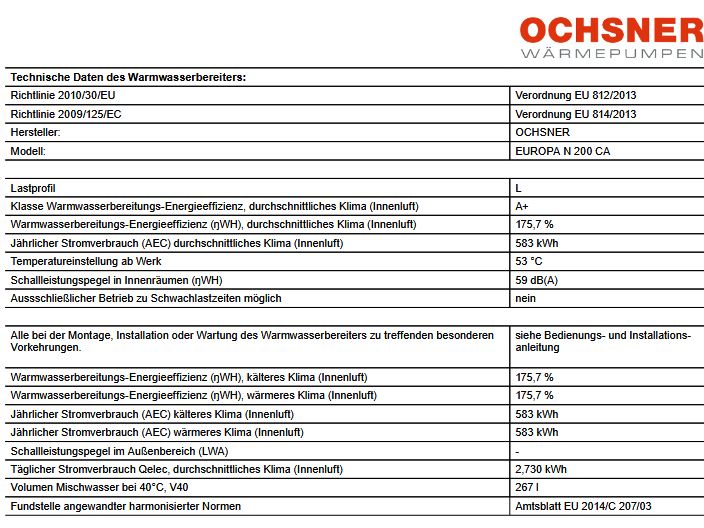 OCHSNER Europa N 200 CA  Luft Warmwasser Wärmepumpe 267 L R290 9200040