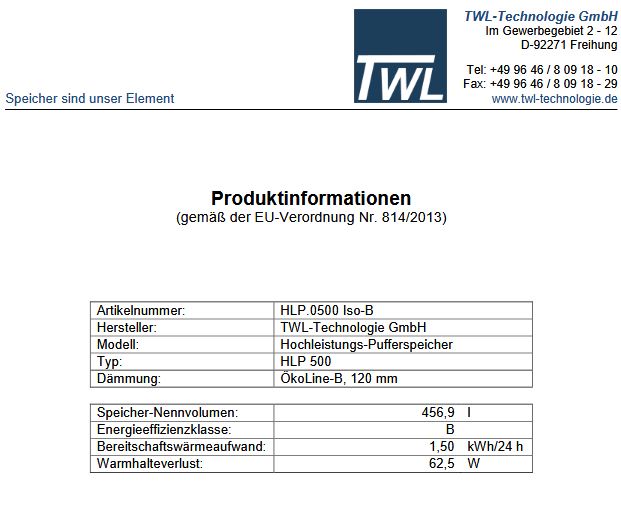 TWL Hochleistungs Pufferspeicher Typ HLP 500 Liter Isolierung B 1 Wärmetauscher