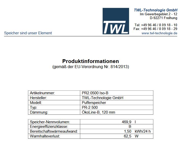 TWL Pufferspeicher Typ PR2 500 Liter Iso B Muffenanordnung 90° 2x Wärmetauscher