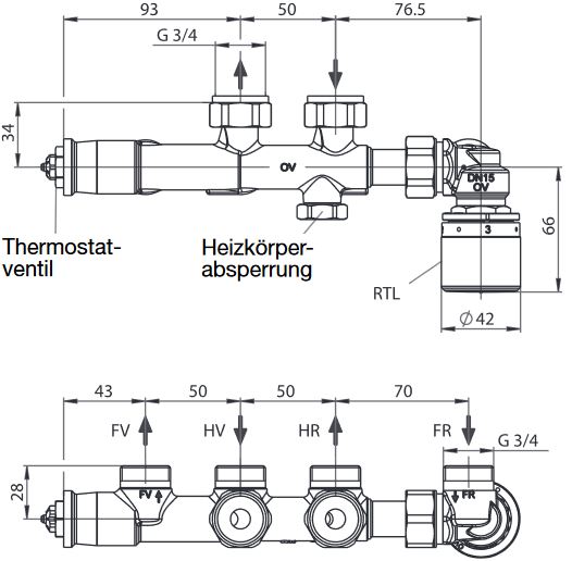 Oventrop Anschluss-Set für Badheizkörper 1/2" Multiblock T-RTL Uni SH weiß