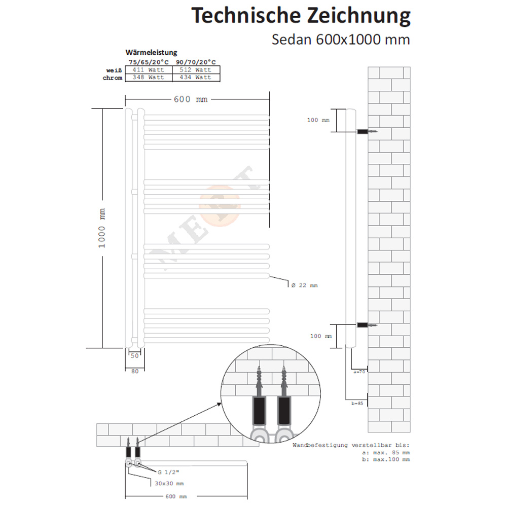 Design Badheizkörper Sedan in weiss oder chrom - Handtuchhalter Heizkörper
