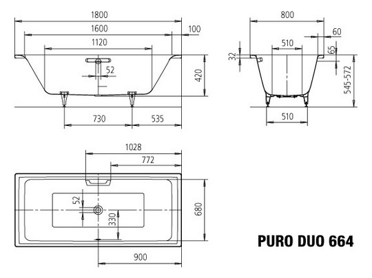 KALDEWEI Stahl Badewanne PURO DUO 180 x 80 alpinweiß optinal Fußgestell 5030