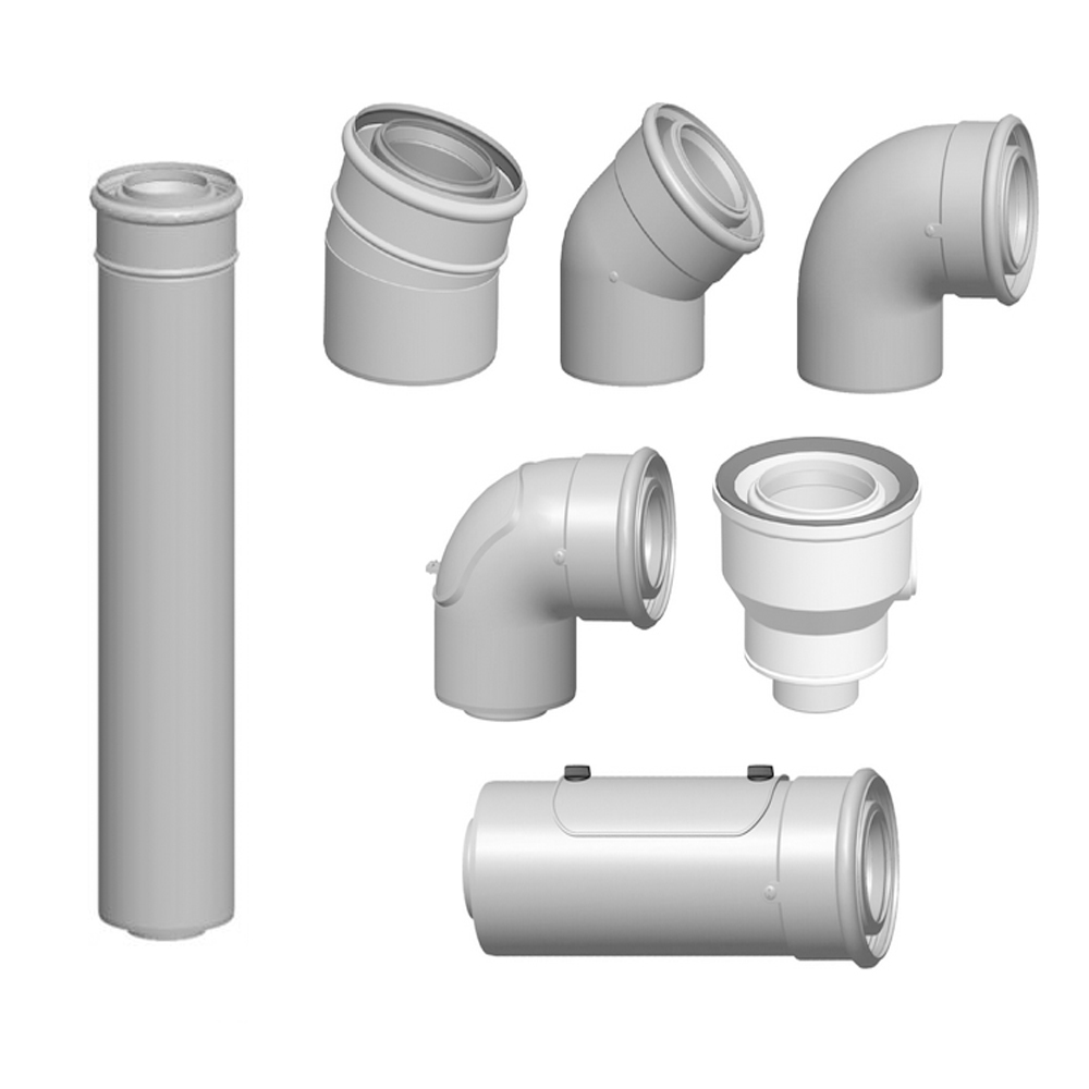 WOLF Abgasrohr Luft-Abgasrohr DN 60/100 konzentrisch Rohr Revision T-Stück Bogen WOLF Abgasrohr Luft-Abgasrohr DN 60/100 konzentrisch Rohr Revision T-Stück Bogen