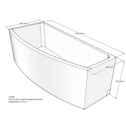 Acryl Raumsparwanne Compact 169 x 74 cm links weiß Wanne Styropor Wannenträger