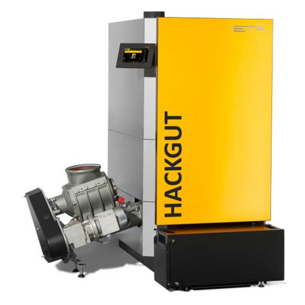 ETA Hackgutkessel eHACK 50 EP links mit Partikelabscheider Rücklaufanhebung