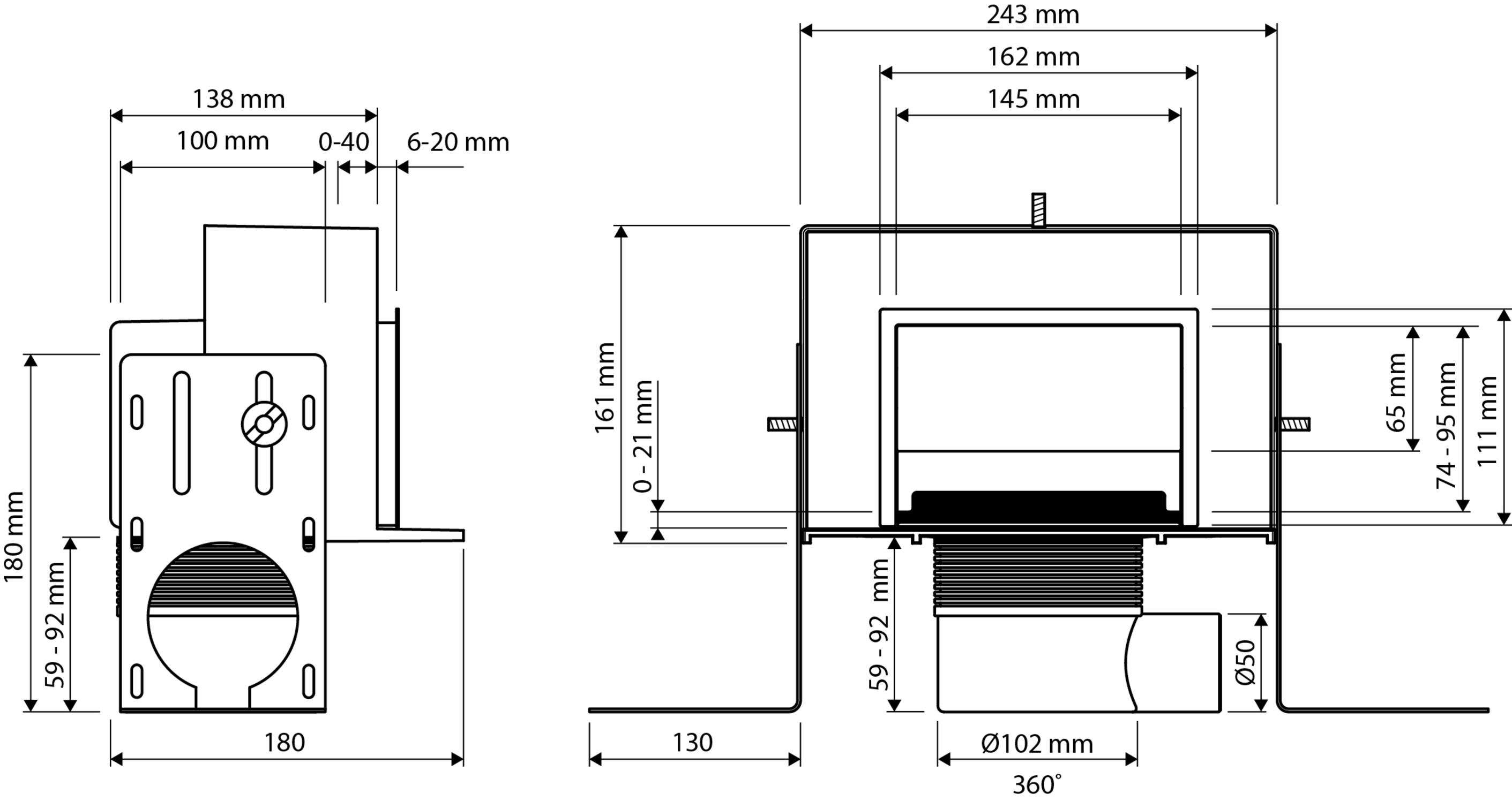 Wand Duschablaufelement VIS f.Wand I Bodenmontage m.Rahmen befliessbar CONEL