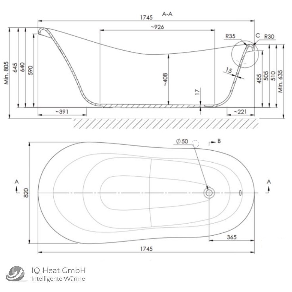 Mineralguss Badewanne EDITA freistehend 1745 x 805/635 x 820 Wannenfuss Ablauf