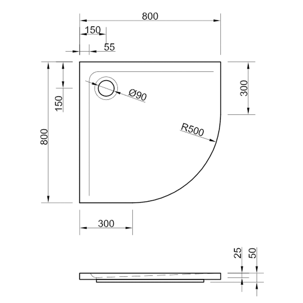 Acryl Viertelkreis Duschwanne Arenal 80 x 80 R50 CS Finish Dichtsystem Dusche
