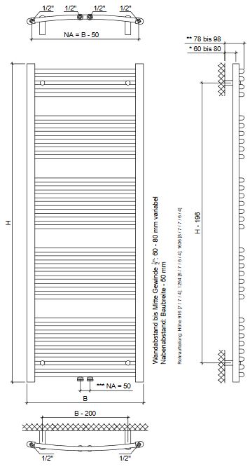 Badheizkörper Velon chrom gebogen Badwärmer Handtuchheizkörper Heizkörper