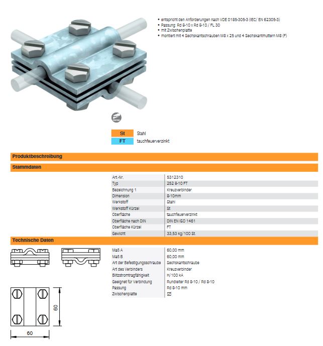 Blitzschutz Kreuzverbinder Typ 252 8-10 FT für Rundleiter Blitzableiter