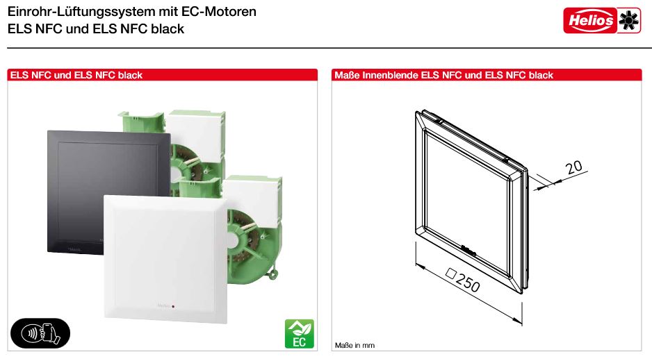 Helios Ventilatoreinsatz 7,5-100m3/h ELS NFC F mit Fassade schwarz Lüfter 40782