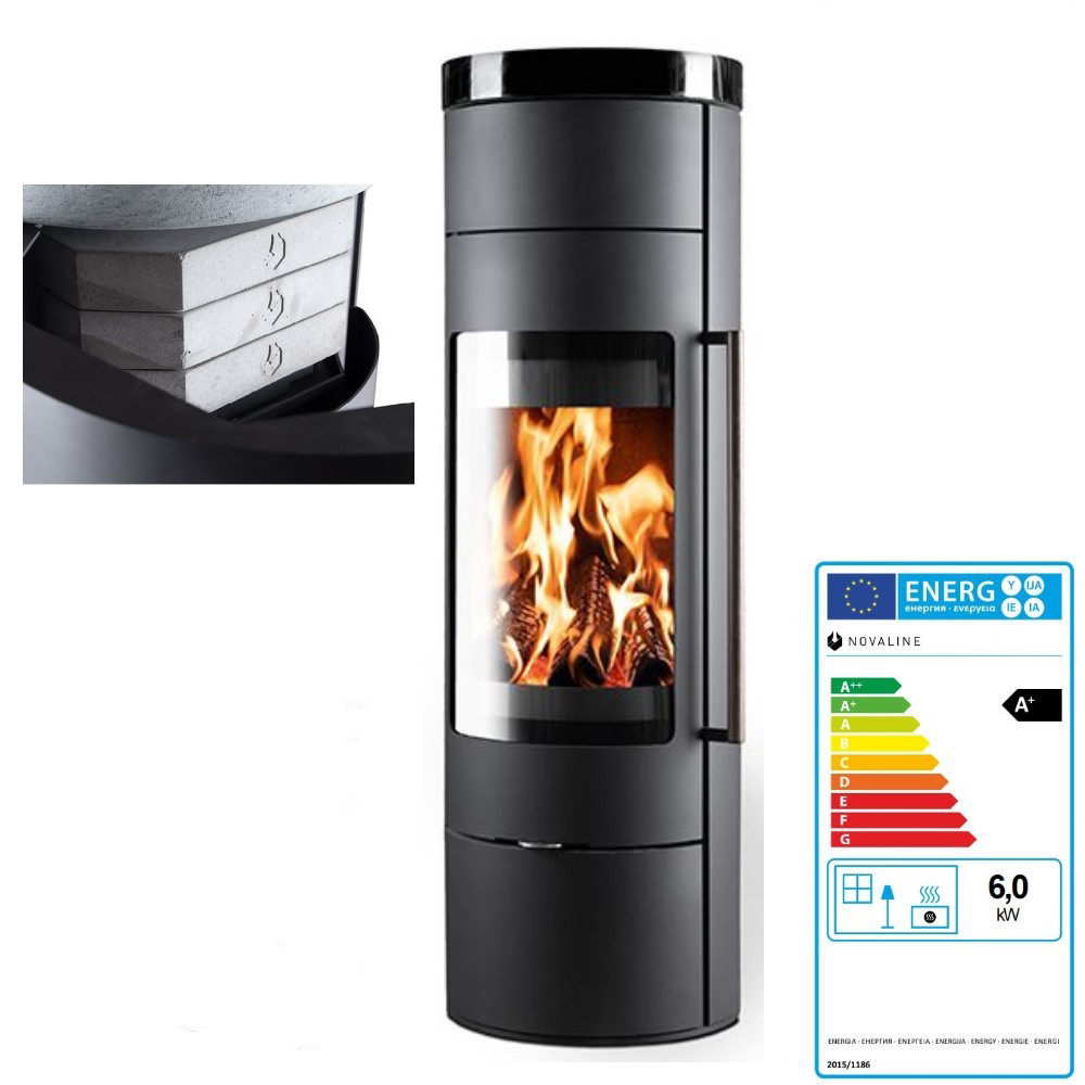 Kaminofen Novaline Aria 6 kW Speichersteine AMS Topplatte Shanix black Kamin