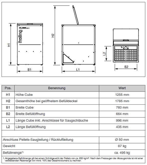 Fröling Pelletsvorratsbehälter Cube 500 S für 495 kg Pelletsilo #13982