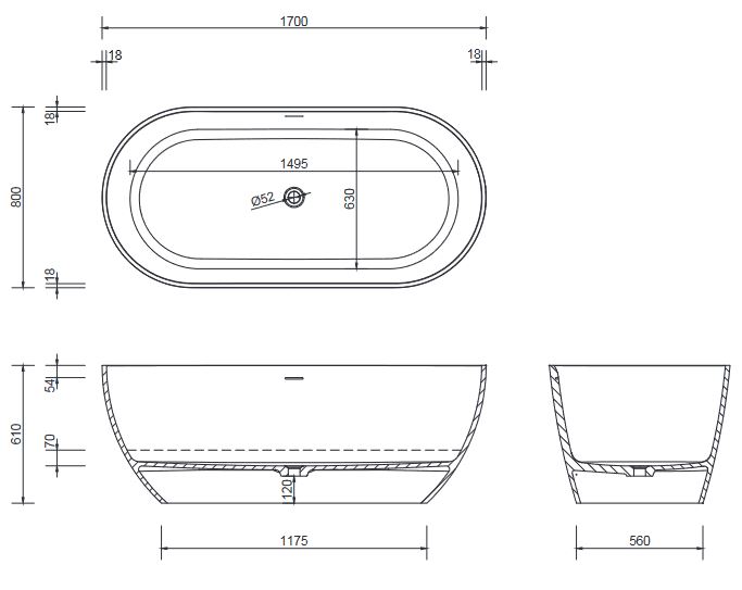 Ovalwanne Golem O 170 S freistehende Badewanne Mineralmarmor Solid Surface
