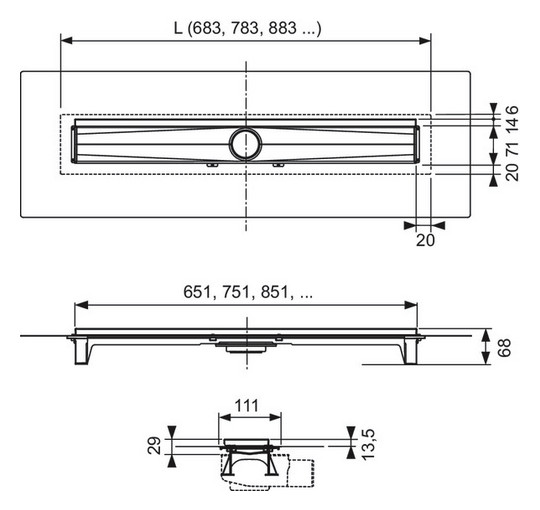 Set TECE EVO Duschrinne 700 mm WAND Fliesenauflage SSy-Dichtband Ablauf 606602