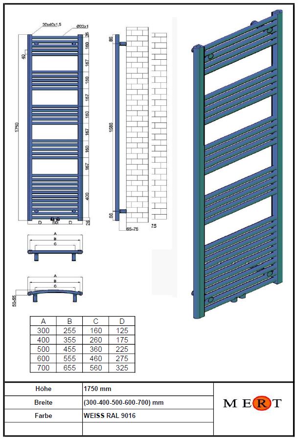Mert Badheizkörper weiss gebogen Breite 600 x Höhe 1750