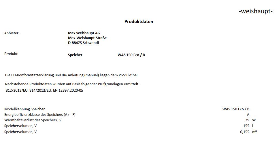 Weishaupt Trinkwasserspeicher WAS 150 Eco/B Warmwasserspeicher 47415201