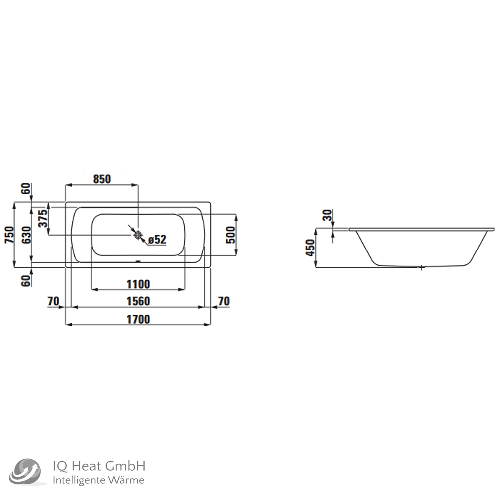 Stahl Badewanne Elunos 170 x 75 weiß Wannenträger Ab- Überlaufgarnitur Emaille