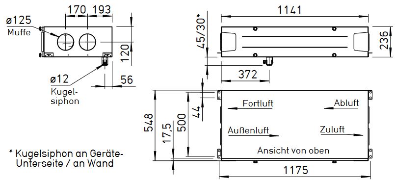 Helios Lüftungsgerät KWL 220 D R mit WRG für Deckenmontage Rechtsausführung