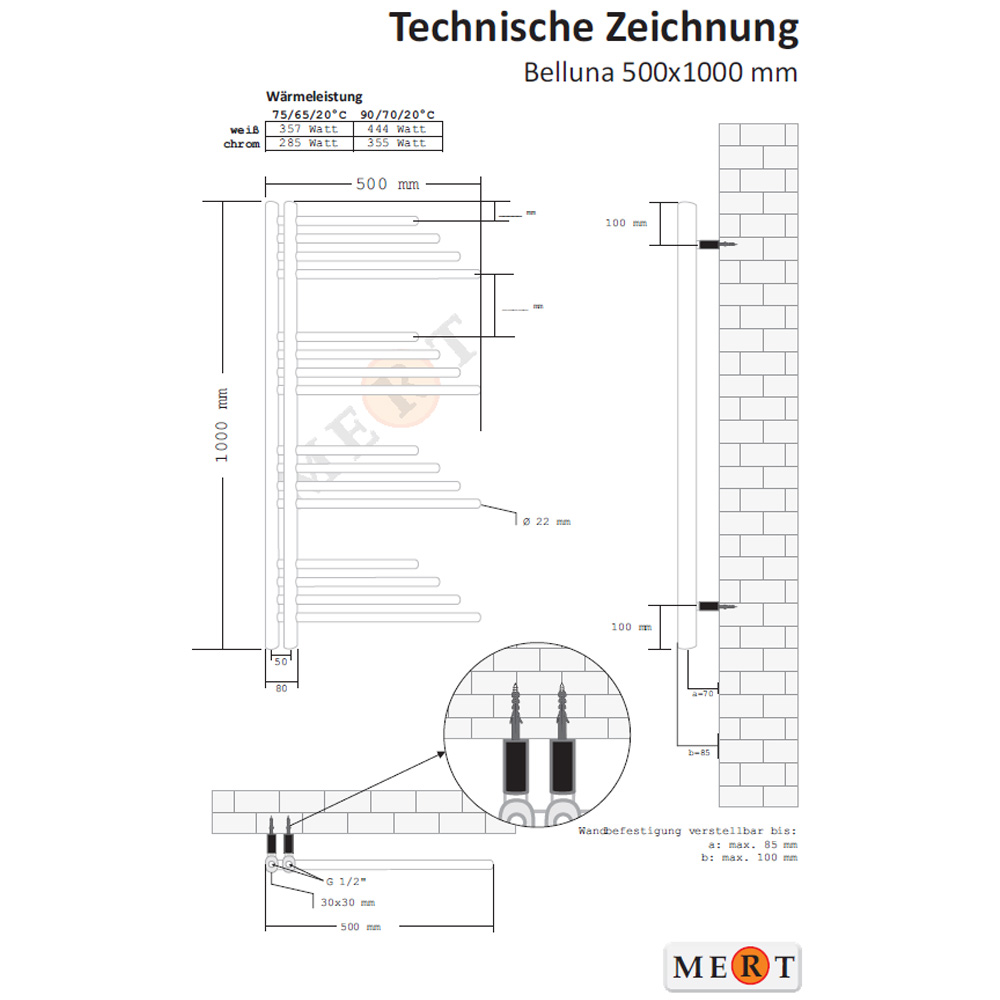 MERT Design Heizkörper BELLUNA  weiß, 500*1000 mm, mit Mittelanschluss