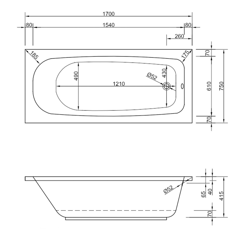Chr. Schröder - Acryl Badewanne Korana 170 x 75 x 41,5 cm + Wannenfüße