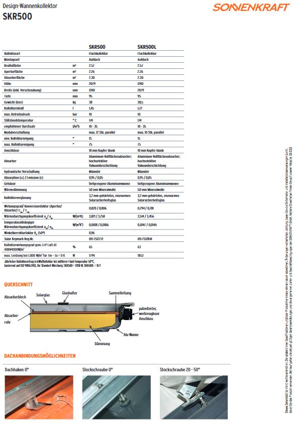 Sonnenkraft Solarkollektor Aufdachkollektor SKR500L EVP 2,57 m2 waagerecht