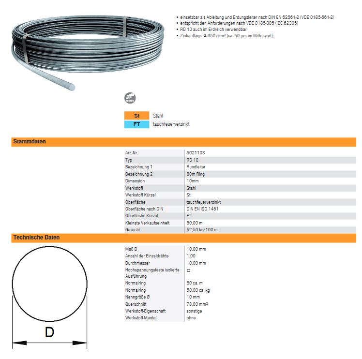Blitzschutz Stahl Rundleiter Erdreich verzinkt 10mm Erdung Blitzableiter 80 m