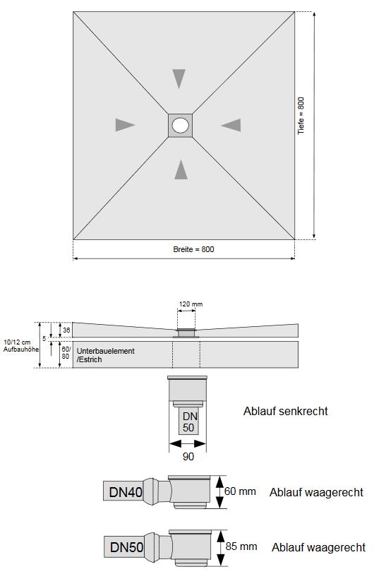 CS Duschelement befliesbar - SDEZ 80 x 80 cm / Ablauf waagerecht 8 cm