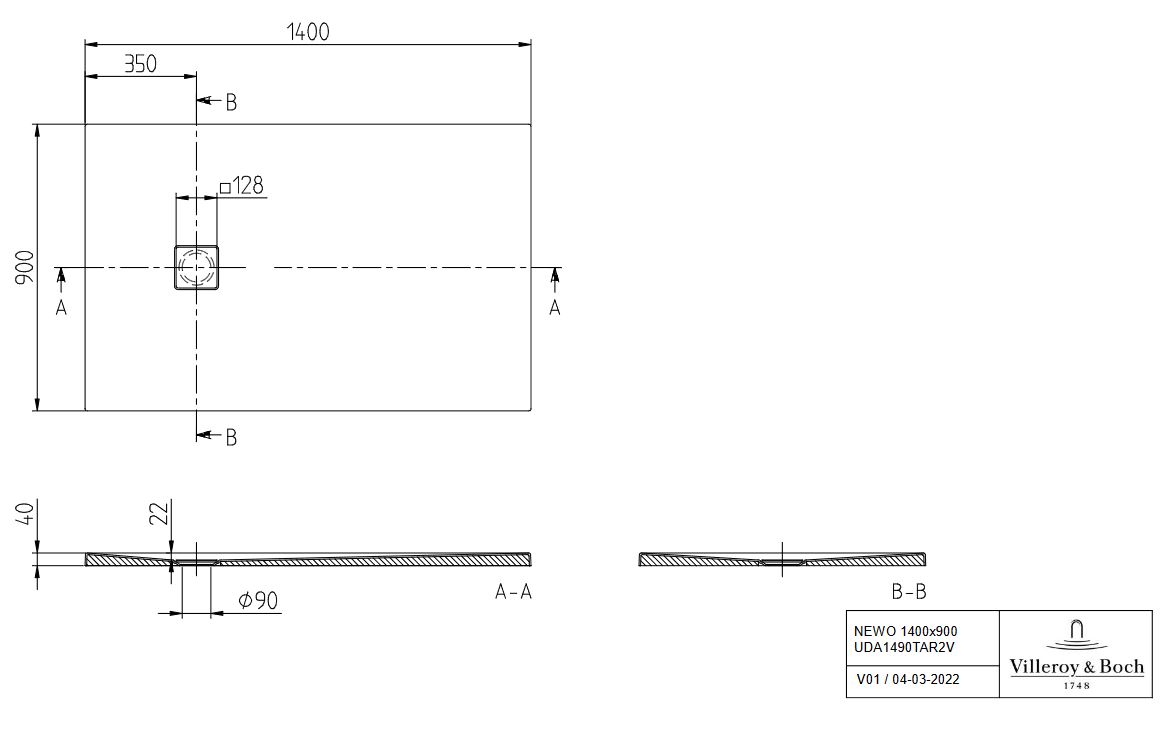Duschwanne Acryl Villeroy & Boch NEWO Rechteck 140 x 90 x 4 cm weiß
