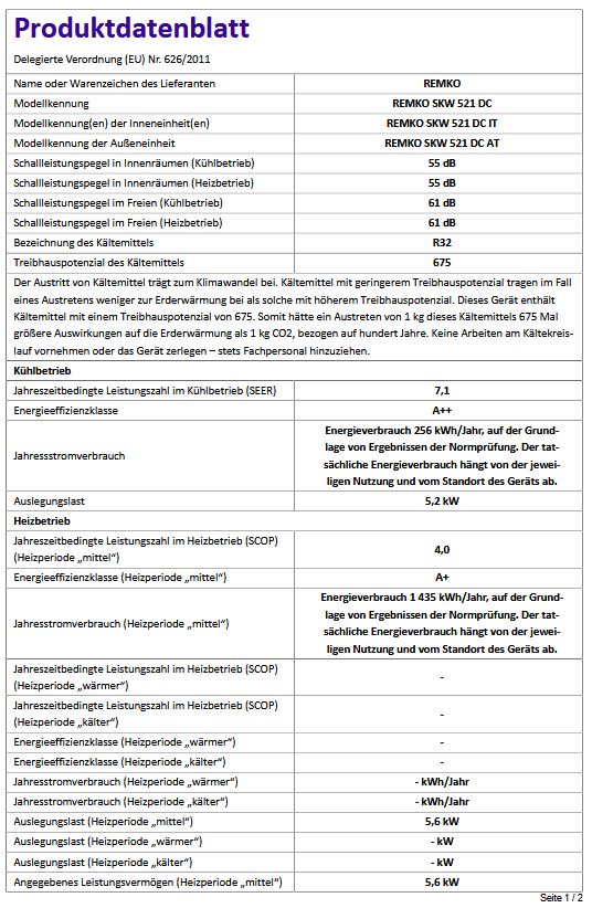 Remko Klimaanlage Raumklimagerät SKW 521 DC Kompakt Wandgerät 5,2 kW R32 weiß