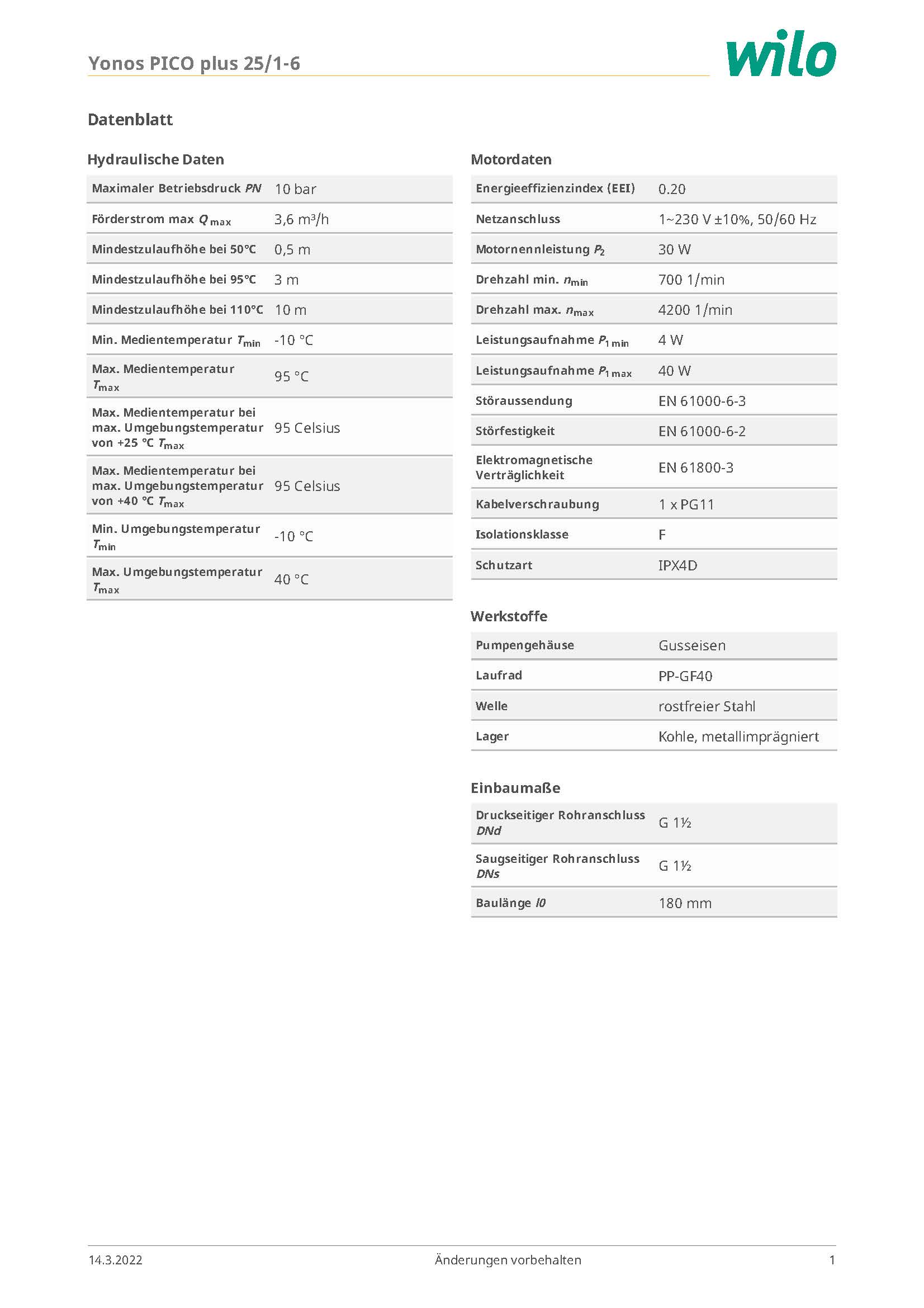 Wilo YONOS PICO plus 25/1-6 180mm Heizungspumpe Hocheffizienzpumpe